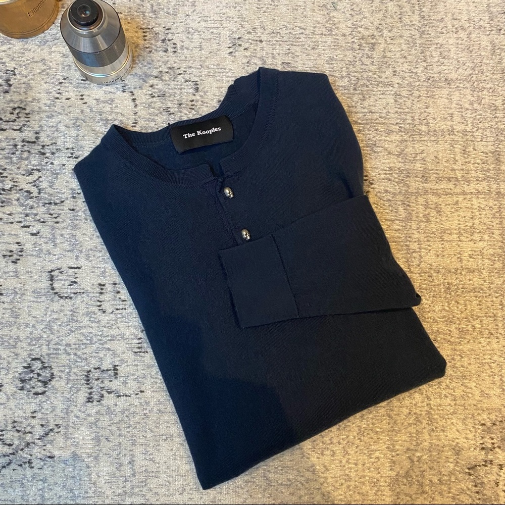 The Kooples Merino Long Sleeve Henley in Blue Petrol